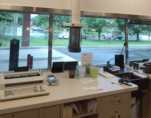 Image of banking equipment from inside the bank.