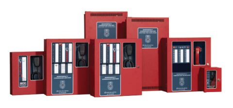 Bank of Firelite equipment for fire alarm system.