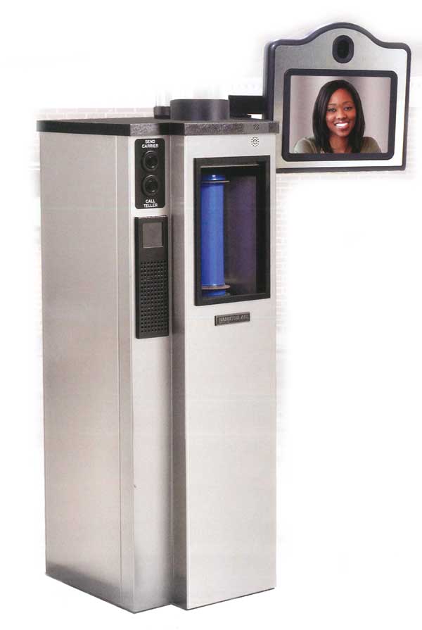 Bank pneumatic canister system with two-way teller video conferencing.