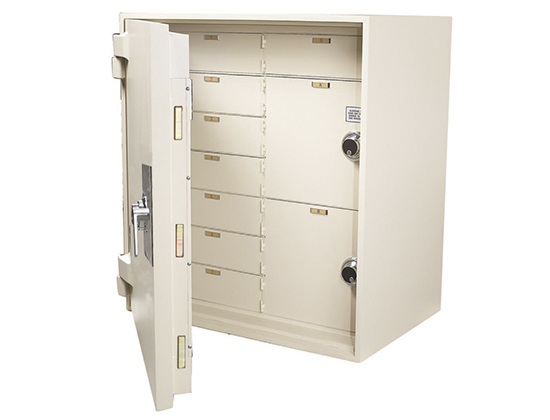 Steel safe with multiple internal storage areas.